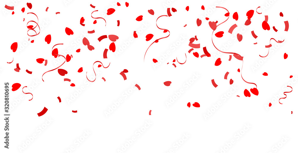 Many Falling Red Heart And Confetti Ribbon Isolated On White Background. Vector Many Falling Red Heart And Confetti Ribbon Isolated On White Background. Vector