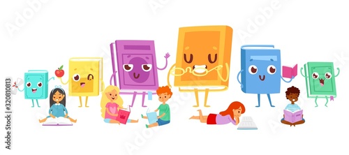Small kids reading books vector illustration. Cute kawaii books with funny faces and children sitting and lying. Kids love read books educational idea for libraries or schools and preschool.