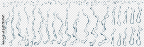 Set of translucent drops and streaks of water in gray colors in various shapes, isolated on transparent background. Transparency only in vector format