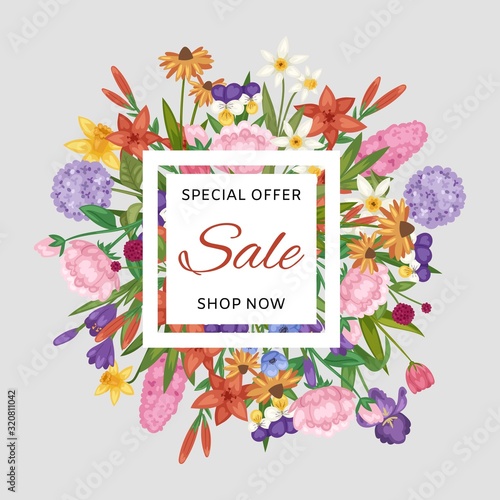 Floral sale banner and garden flowers shop now special order vector illustration. Flowers for summer sale. Floral lettering wreath with summer colorful lily, jonquil and iris.