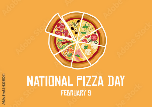 National Pizza Day vector. Sliced pizza vector. Pizza different kinds vector. Pizza Day Poster, February 9. Important day