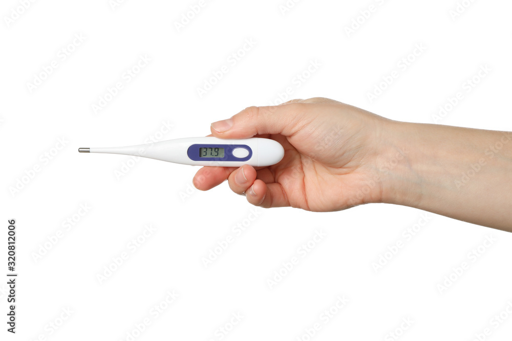 Hand holds thermometer isolated on white background. Virus protection
