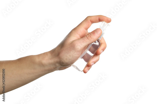 Hand holding antiseptic antibacterial disinfectant isolated on white background. Coronavirus protection