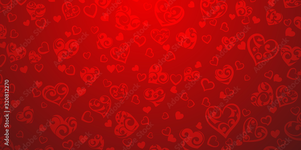 Background of big and small hearts with ornament of curls, in red colors Background of big and small hearts with ornament of curls, in red colors