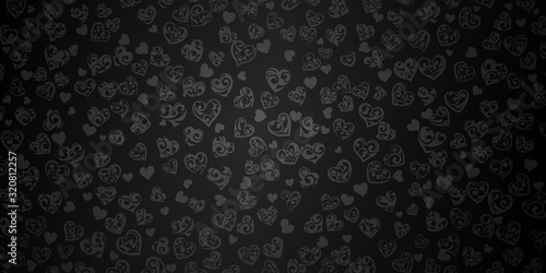 Background of big and small hearts with ornament of curls, in black colors