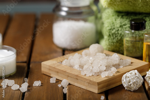 Dead sea salt  for bath   wellness and relaxation. Close up  selective focus