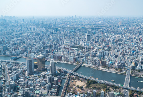 Tokyo  Japan - Mar 27  2019 Asia business concept for real estate and corporate construction - panoramic urban city skyline aerial view under sky in tokyo  Japan