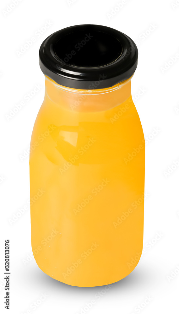 Bottle of freshly squeezed juice isolated on a white background. Clipping path. An element of your design. Side view. Bottle of freshly squeezed juice isolated on a white background. Clipping path. An element of your design. Side view.
