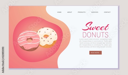 Sweet donuts fast food and pastry website or landing page vector illustration. Donut bakery and sweet treat, confectionery, fastfood order or city fest web page. Cartoon web banner.
