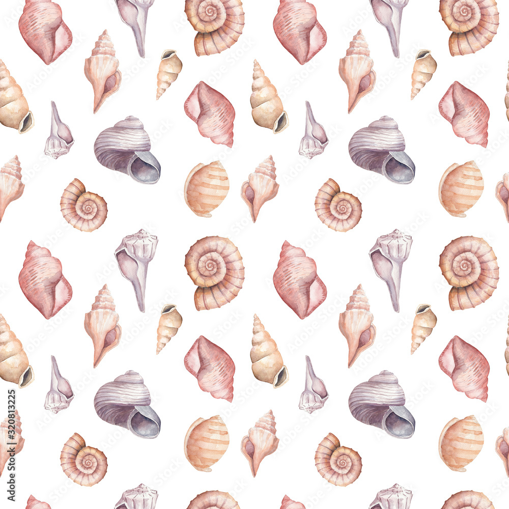 Seamless pattern with sea shells in watercolor Seamless pattern with sea shells in watercolor