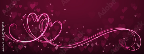 Hand-Drawn vector interlocking pink neon hearts with copy space on purple background