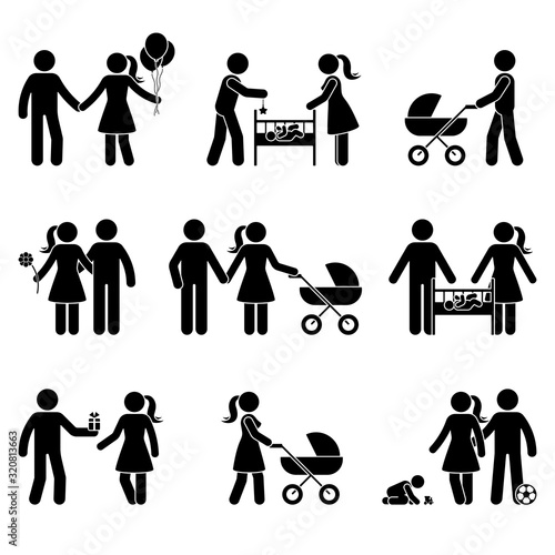 Young family dating, playing with baby, walking with stroller stick figure vector icon illustration. Father and mother spending time with child, kid silhouette pictogram posture on white