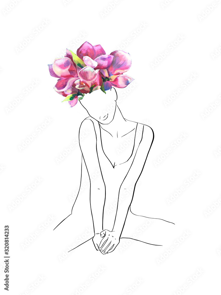 Woman with bunch of flowers of magnolia. line art illustration with oil painted big beautiful pink flowers. Line art. Trendy style. Modern art Woman with bunch of flowers of magnolia. line art illustration with oil painted big beautiful pink flowers. Line art. Trendy style. Modern art