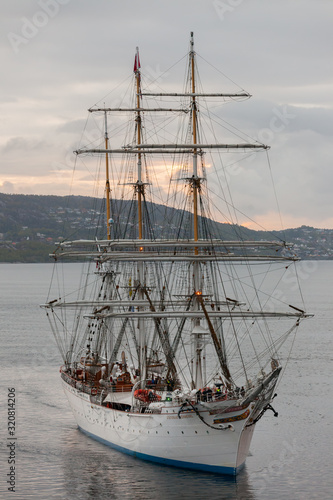 BERGEN NORWAY - 2015 MAY 28.  Tall Ship Statsraad Lehmkuhl from Norway enter the port of Bergen.