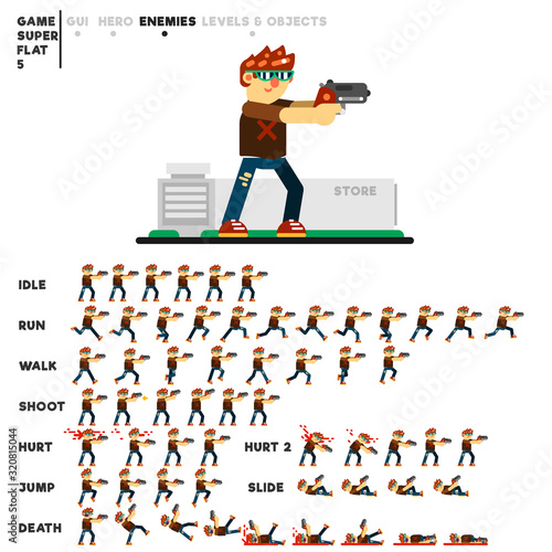 Animation of a young skinny guy with a pistol for creating a video game