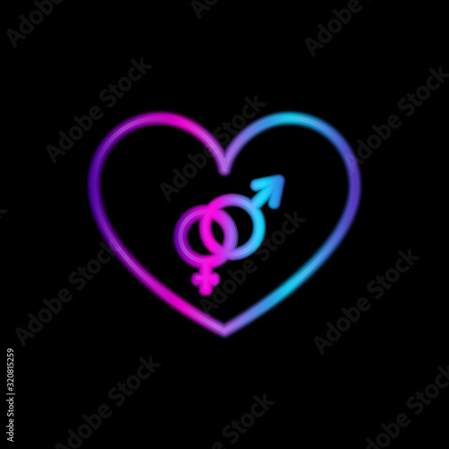 Neon heart with bisexuality symbol on black background. Violet, pink and blue gradient. Vector illustrtaion for web, print, holiday cards and invitations, wallpaper