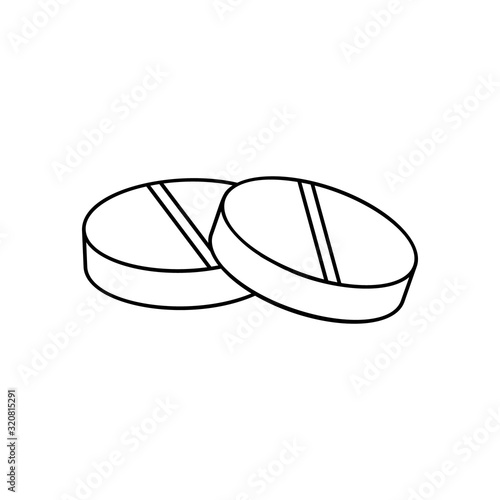 Two round pills icon. Thin line art medicine logo. Black simple illustration. Contour isolated vector image on white background. Symbol of treatment, vitamin, medication, help, illness, drug addiction