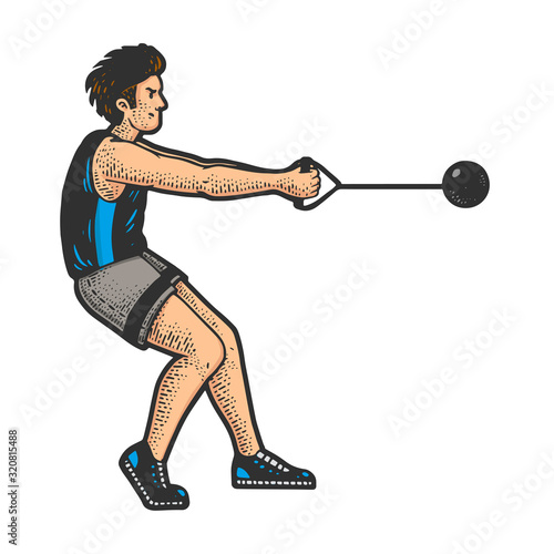 Hammer throw athlete sketch engraving vector illustration. T-shirt apparel print design. Scratch board imitation. Black and white hand drawn image.