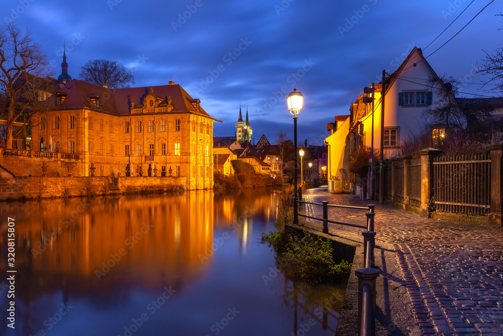 Scenic view of Old town over the Regnitz river at night in Bamberg, Bavaria, Upper Franconia, Germany
