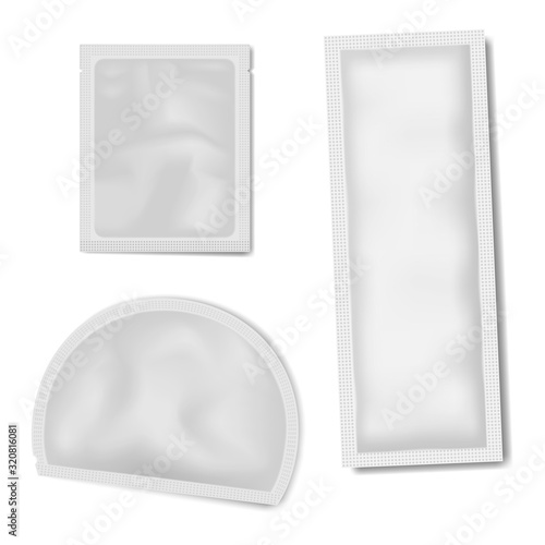 Blank white sachet packet - different shape set, realistic vector mockup. Beauty, medical or food product small pouch packaging, mock-up