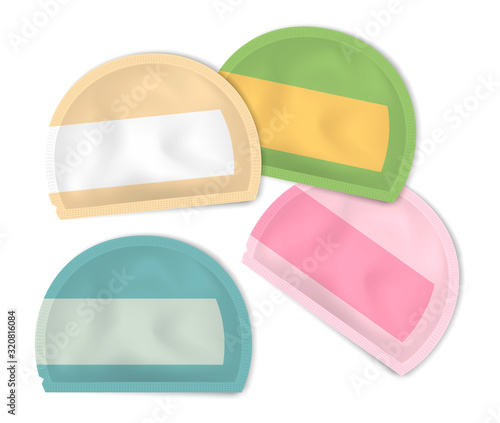 Multicolored blank semicircular sachet packets, vector mockup. Individual plastic wrapping pouch for cosmetic, medical or food product. Color set. Easy to recolor