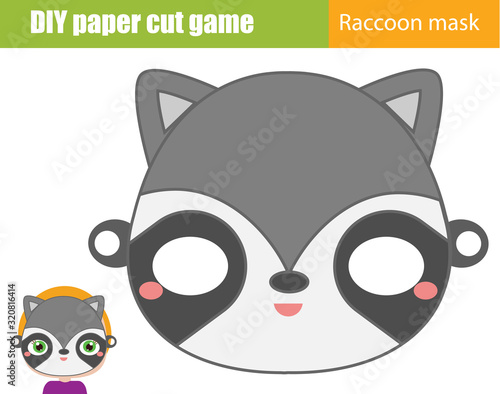 DIY children educational creative game. Make an animal party mask with scissors. raccoon paper mask for kids printable sheet