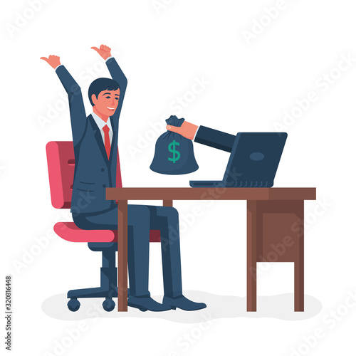 Making money on the Internet. Online earnings. Businessman working for a laptop and receives cash reward. Hand with a monitor with a bag of money. Online income. Happy freelancer. Vector illustration.