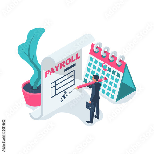 Payroll concept. Salary payment. Businessman signs a revenue sharing document. Landing page, template web design. Vector illustration isometric style. Financial document.