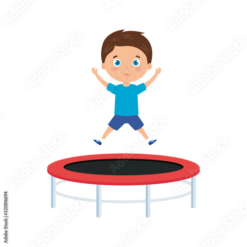 cute little boy in trampoline jump game vector illustration design