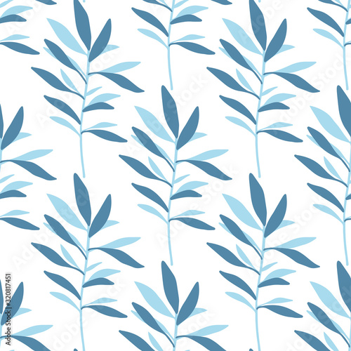 Seamless pattern with geometric branch leaves. Simple summer tropical leaf.