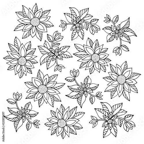 Fantasy ornamental flowers. Hand drawn. Line art. Good for card print, poster, adult and children coloring book 