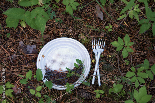 Plastic waste left in forest after a picnic. White plastic plate and two forks on the ground photo