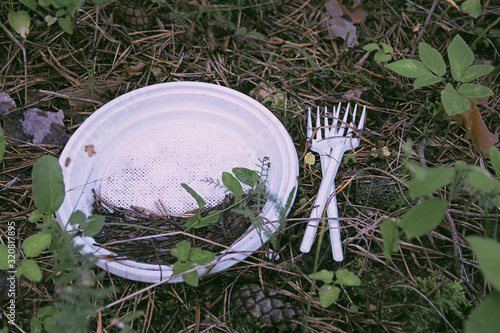 Plastic plate and forks left in the forest after picnic photo