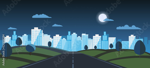 Night Public park with main street to city and sky background.Vector illustration.Road with night urban.Night cityscape and nature scene