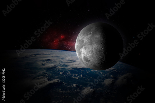 Fototapeta Naklejka Na Ścianę i Meble -  planet earth satellite moon fly in the space with stars galaxy background elements of this image furnished by nasa