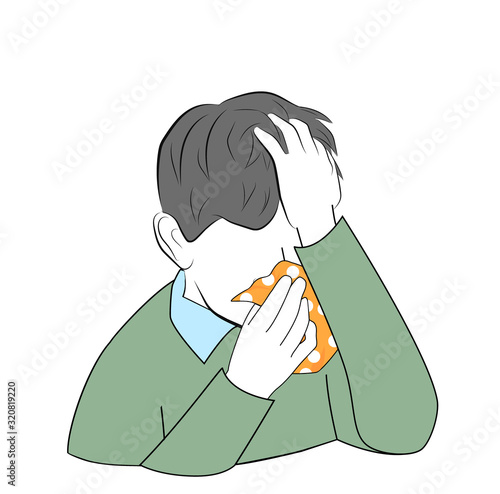 man caught a cold. Icon man sneezes. man covers his face with a scarf. vector illustration.