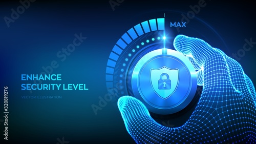 Cyber security levels knob button. Increasing data protection level. Wireframe hand turning a secure test knob to the maximum position. Information or network security concept. Vector illustration.