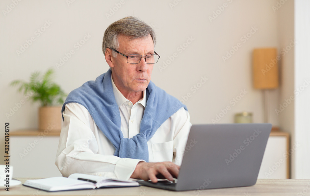 Serious senior gentleman at laptop computer sitting in modern office Serious senior gentleman at laptop computer sitting in modern office