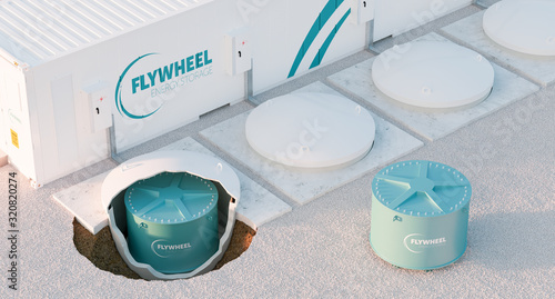Conceptual image of a flywheel energy storage system. Multiple flywheel units with energy storage facility. 3d rendering.