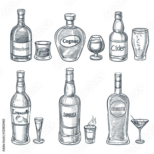 Alcohol drink bottles and glasses. Vector hand drawn sketch isolated illustration. Bar menu design elements