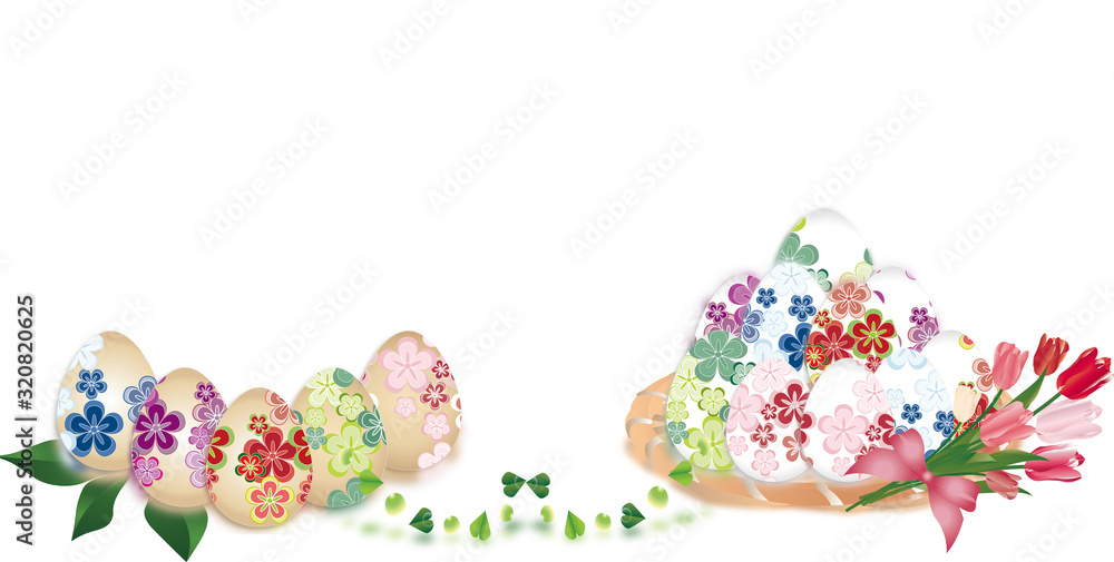 イースター和柄の卵に春の花がかごに入ったイラストのバナースタイル背景素材 Ilustracion De Stock Adobe Stock