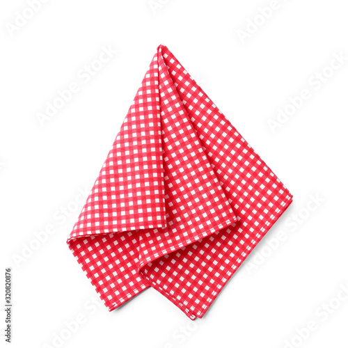 Folded checkered napkin isolated on white, top view