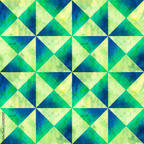 Watercolor blue-green triangular ornament. Seamless pattern. Patchwork style.