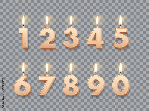 Birthday candles with burning flames isolated on transparent background. Vector design elements.
