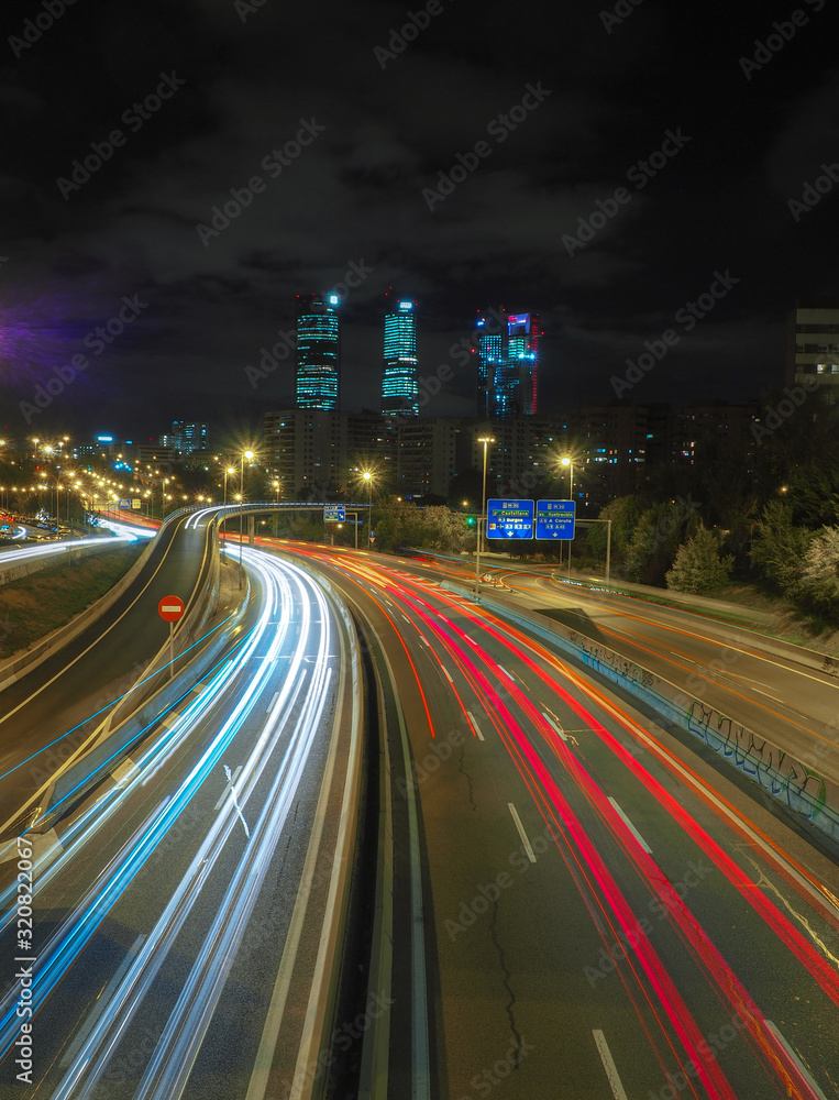Night with traffic long exposure 4 towers of Madrid