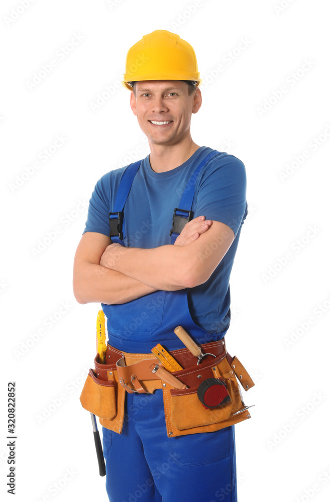 Handsome carpenter with tool belt isolated on white Handsome carpenter with tool belt isolated on white