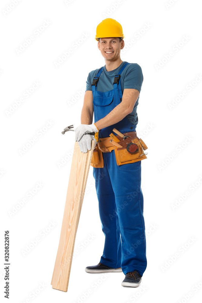 Handsome carpenter with wooden planks isolated on white Handsome carpenter with wooden planks isolated on white