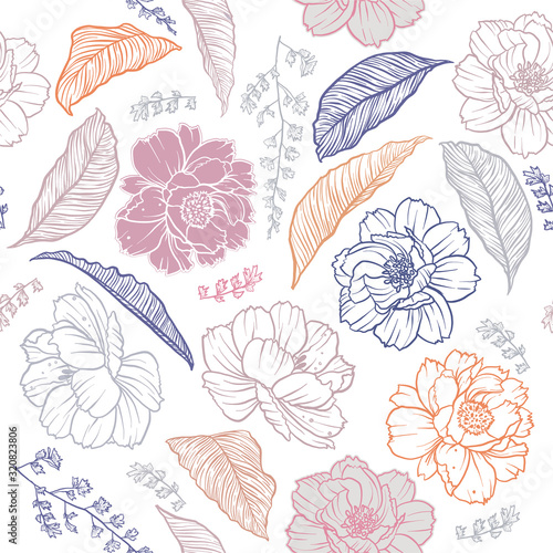 Trendy line Floral and leaves pattern . Botanical hand drawing in pastel color mood , Seamless pattern vector EPS10 texture design for all graphic type and all prints