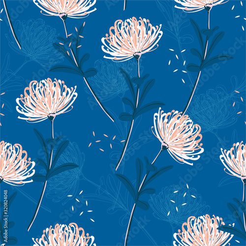 Pink Floral pattern . blooming botanical with tonal line backgrousnd. Seamless vector Design for fashion prints with in hand drawn style