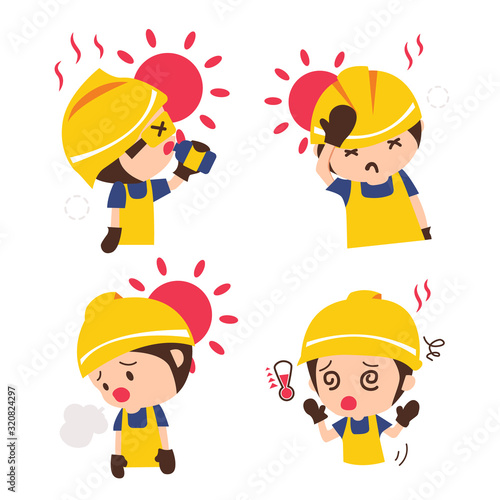 Set construction worker with symptoms of heat stroke.Industrial safety cartoon.vector illustration